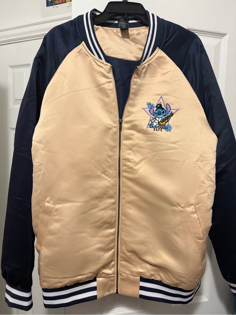 Stitch Embroidered Satin Bomber Jacket - Peach & Navy